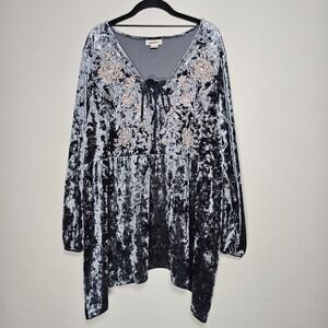 Whimsigoth Velvet Style & Co Womens 3X Blue Gray Coquette Tunic Top Embroidered